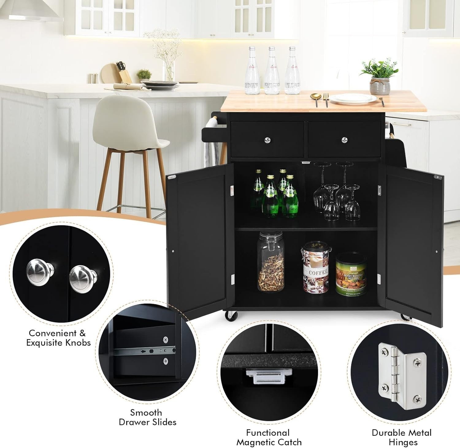 Kitchen Island Trolley with 2 Drawers & Spice Rack Black 88x45x90cm