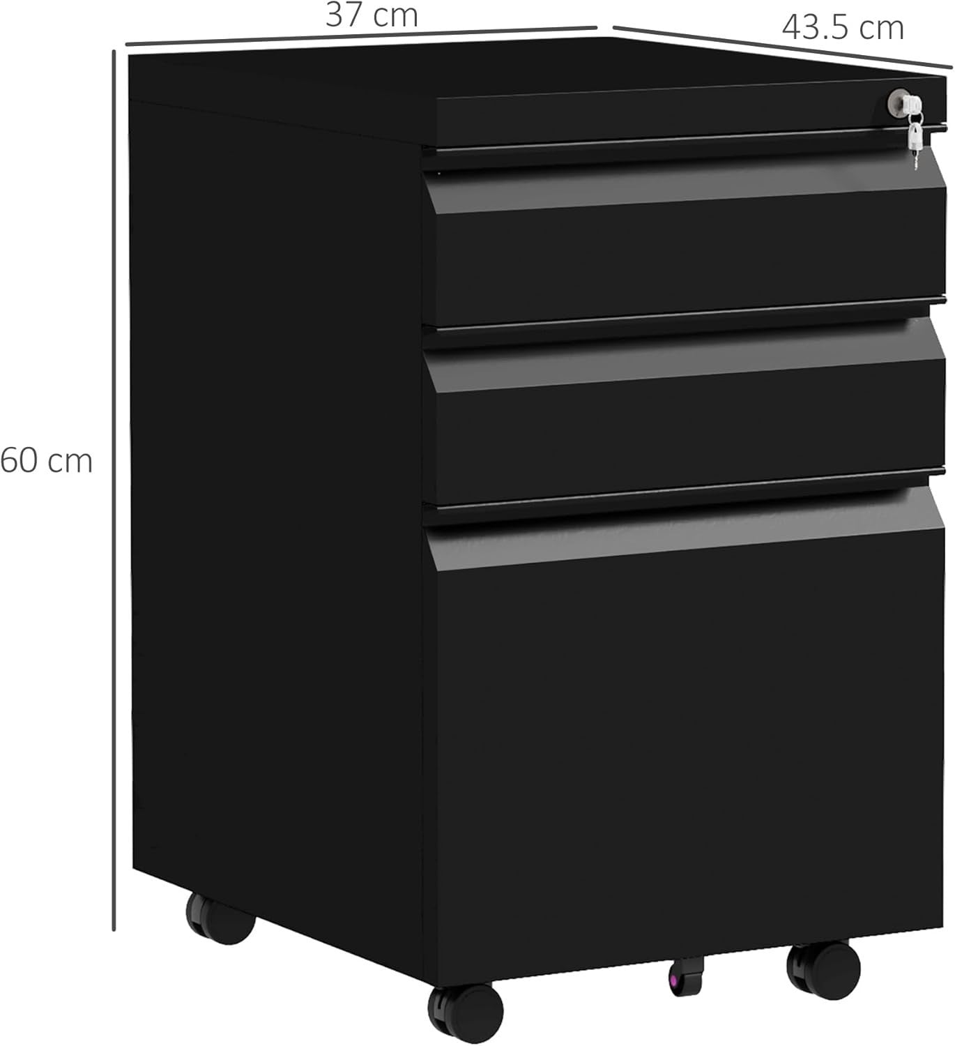 Black 3 Drawer Mobile Filing Cabinet Lockable Steel Office Storage with Wheels