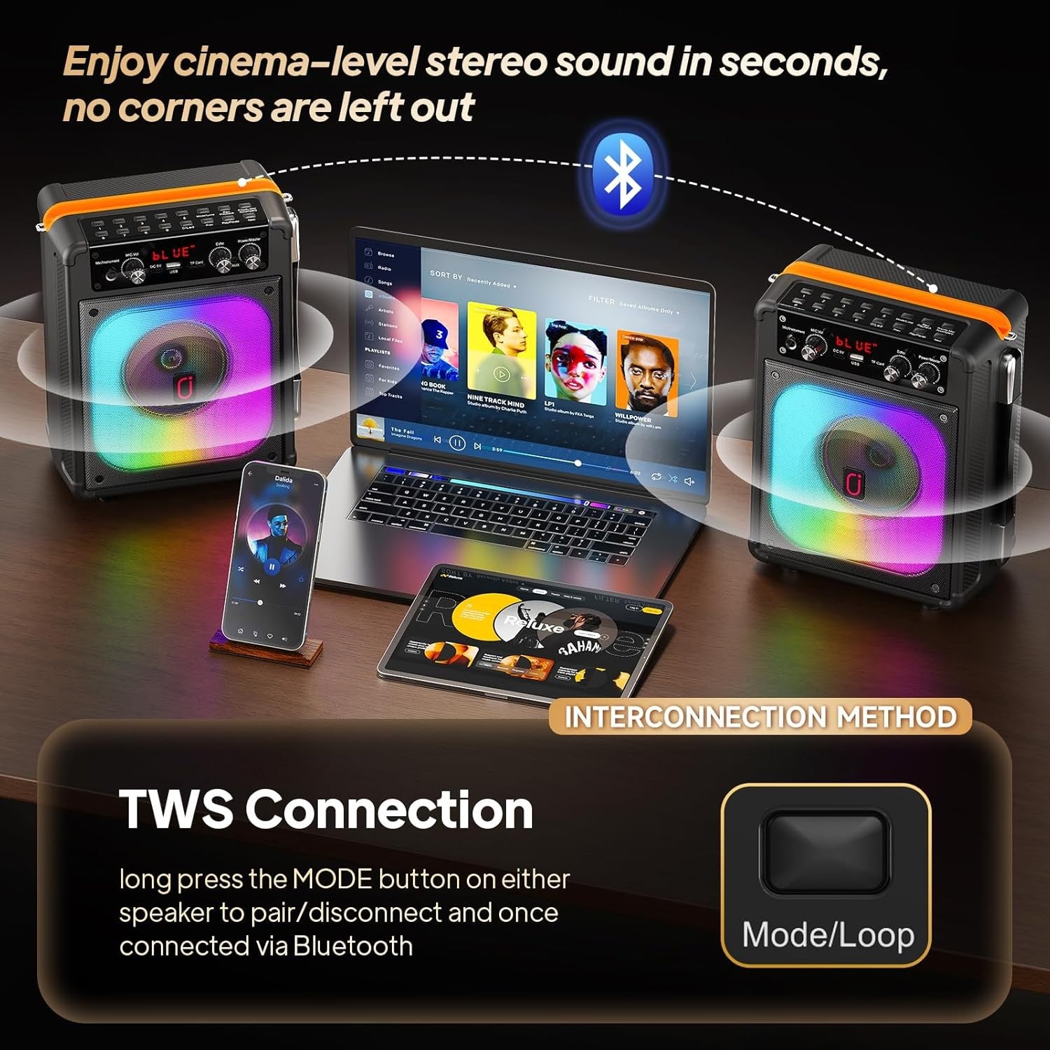 Portable Karaoke Machine 2 Wireless Mics Bluetooth PA Speaker LED