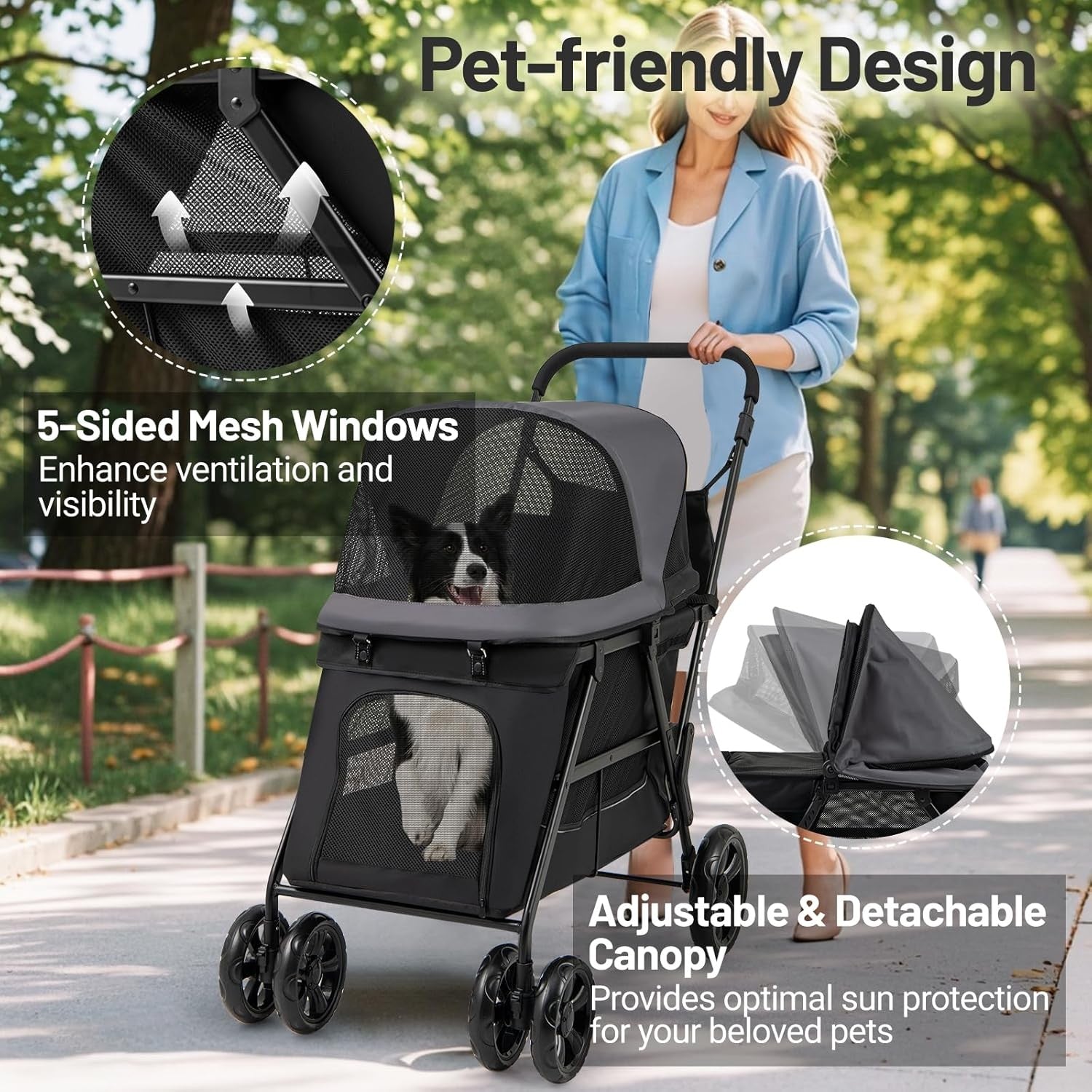 Black Pet Stroller with Ramp Canopy Safety Belt Foldable Pushchair for Dogs