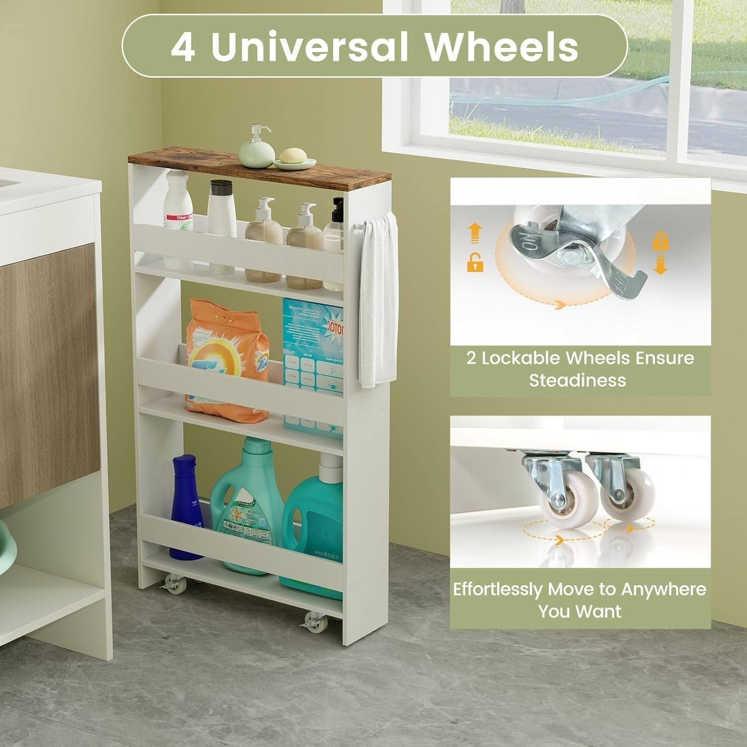 Slim Rolling Storage Cart 4 Tier Narrow Kitchen Organizer w/ Wheels