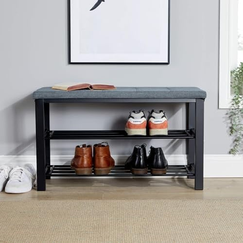 Grey Shoe Storage Bench with Linen Cushion & 2 Shelves – Metal Hallway Unit