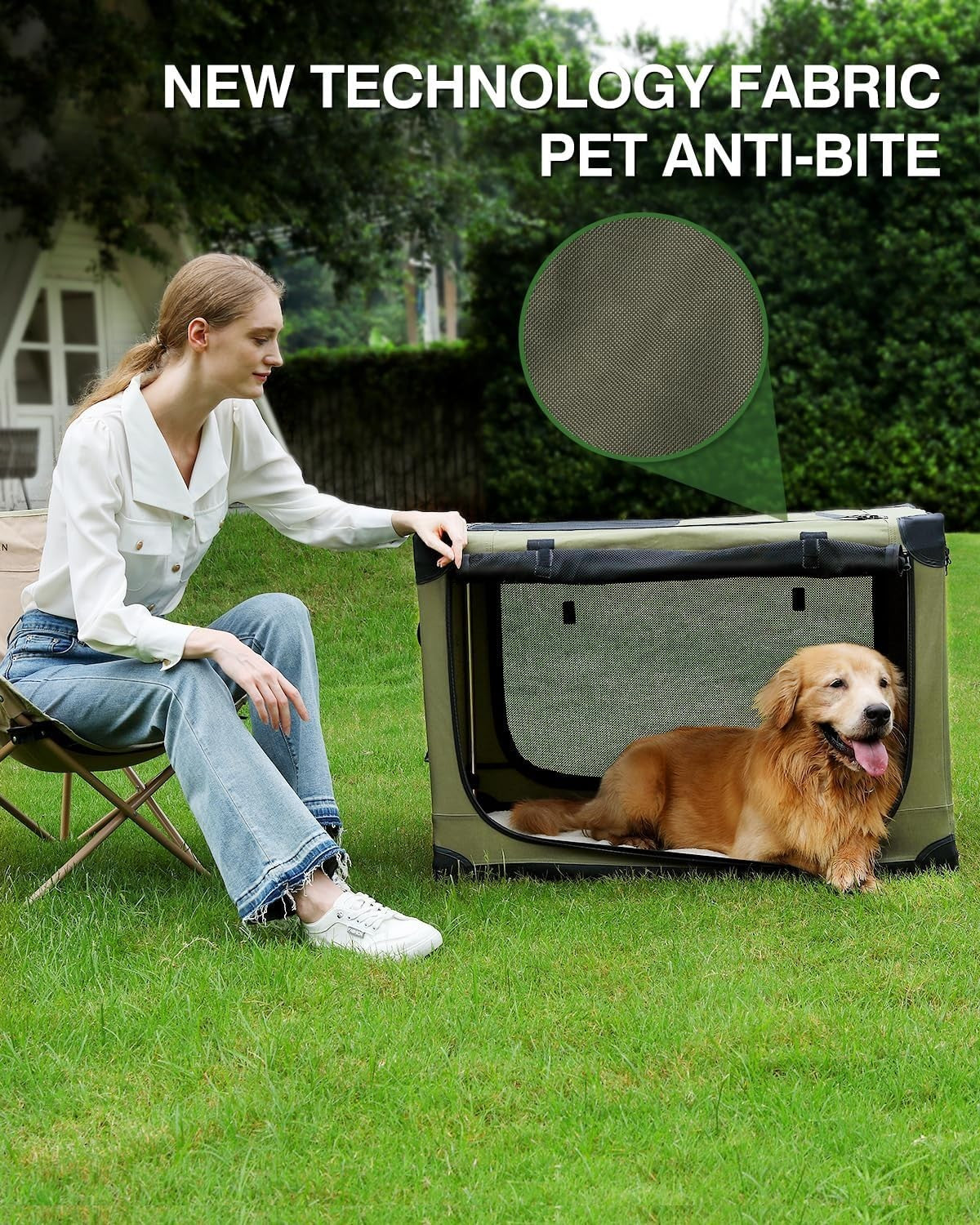 Portable Foldable Soft Dog Crate Kennel with Mesh Windows 90x64x64cm Green