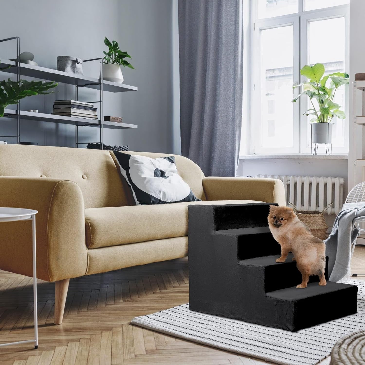 Mg Design 4-Step Pet Stairs Wooden Frame Dog Steps with Soft Faux Fur 22x16x18in
