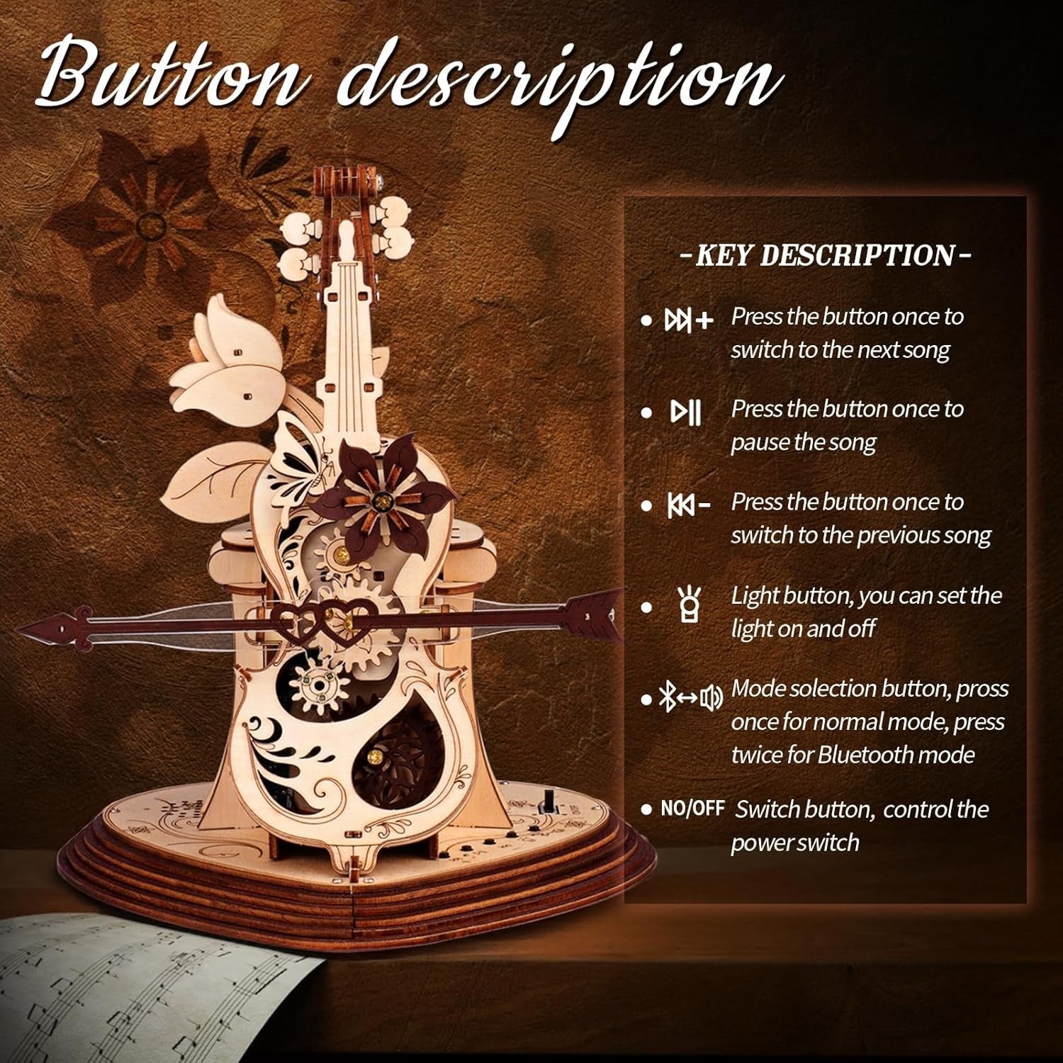 3D Wooden Cello Puzzle Music Box with Light & Bluetooth Sound – Gift