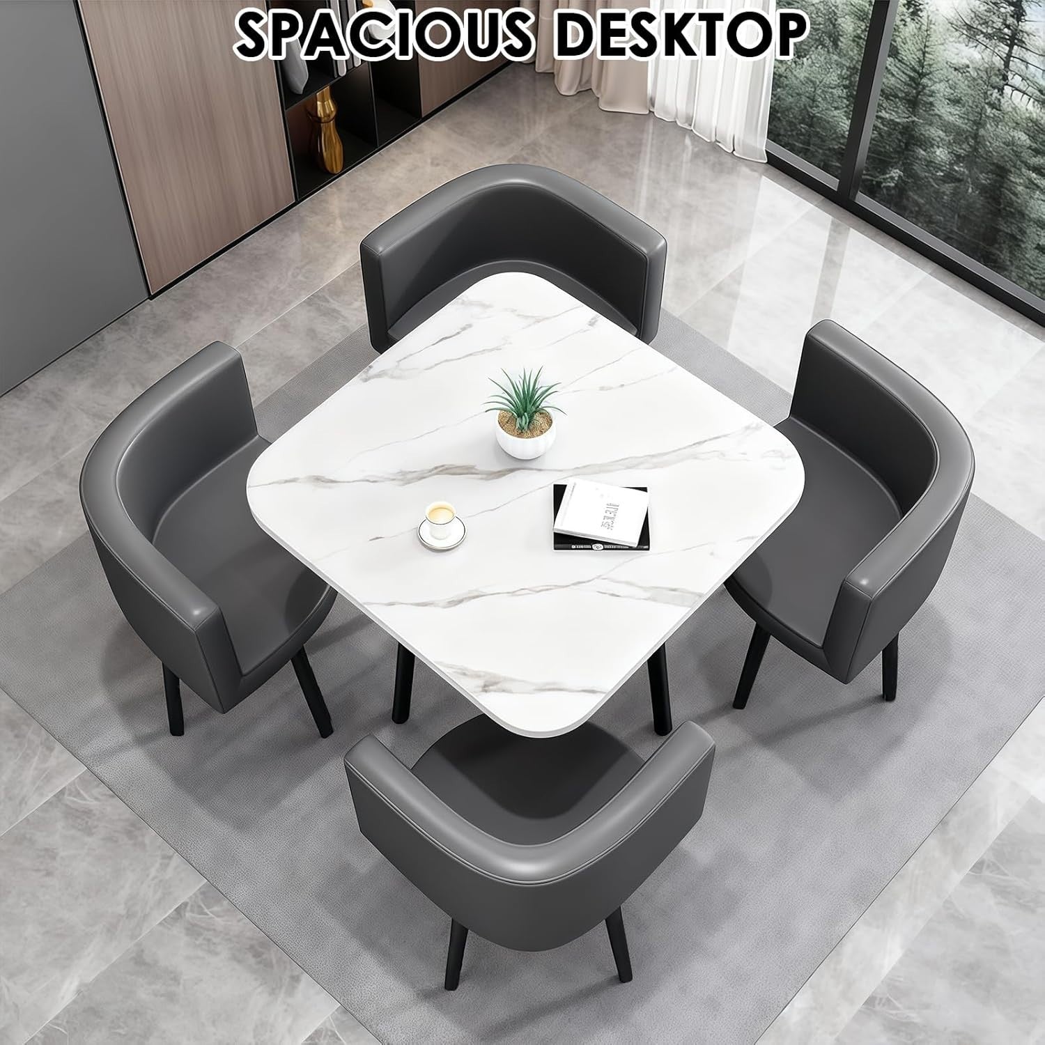 Modern White 35.4" Square Dining Table Set w/ 4 Chairs Space-Saving Faux Marble