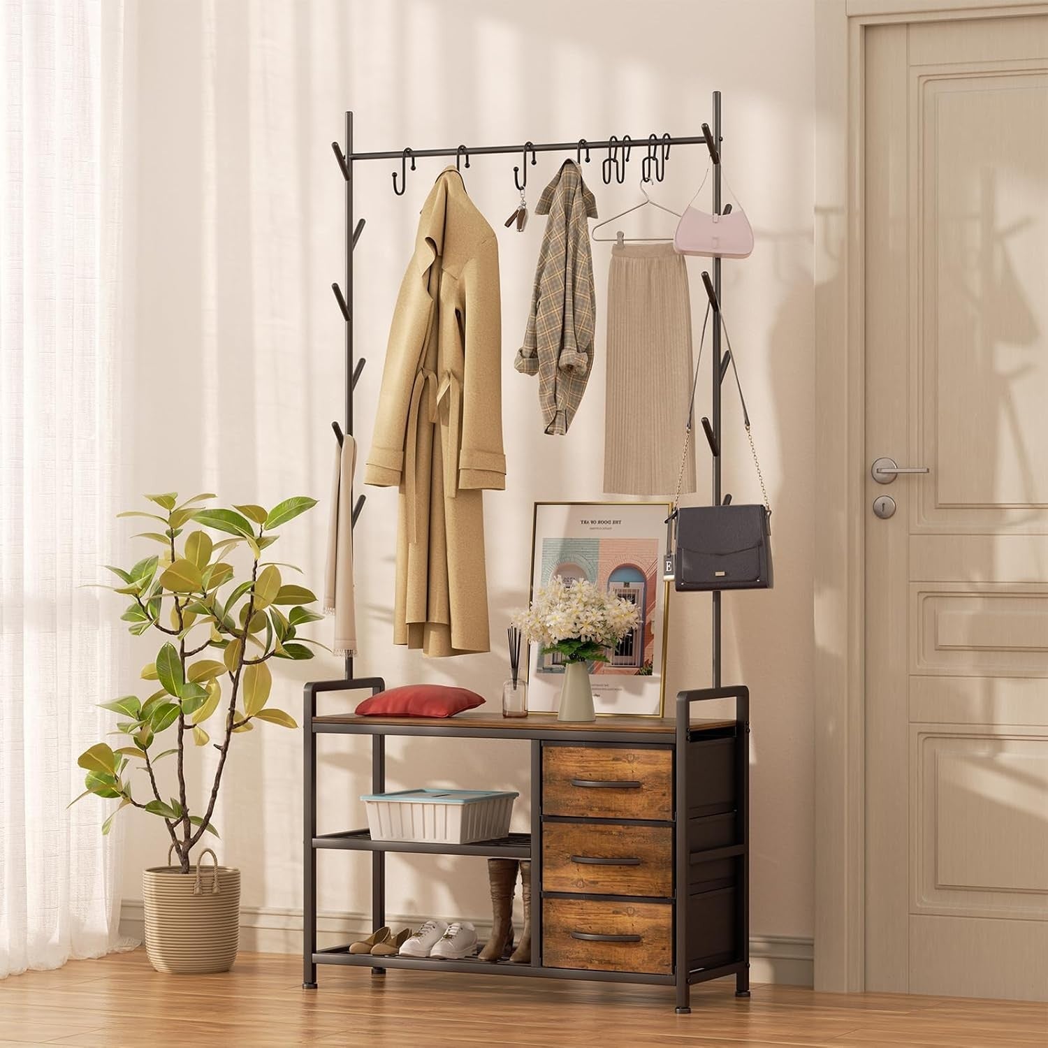 Industrial Coat Rack with Drawers & Shoe Bench | Rustic Brown Hall Tree Stand