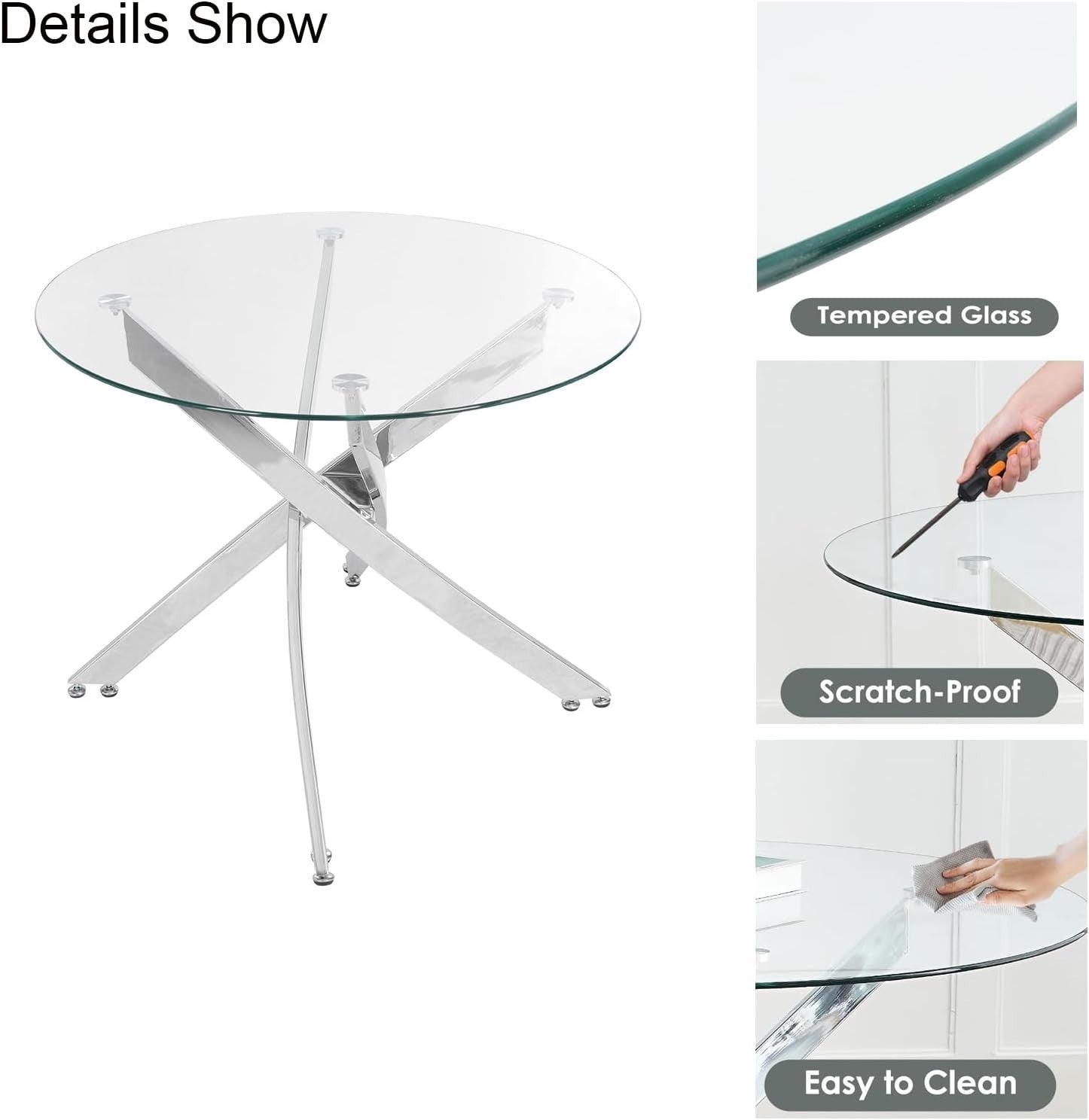 90cm Round Glass Dining Table with Chrome Legs Modern Small Kitchen Dining Table