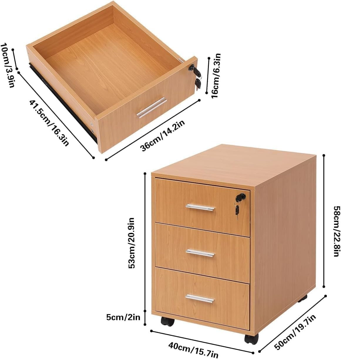 Oak Locking Rolling Desk Pedestal 3 Drawer Under Desk File Cabinet