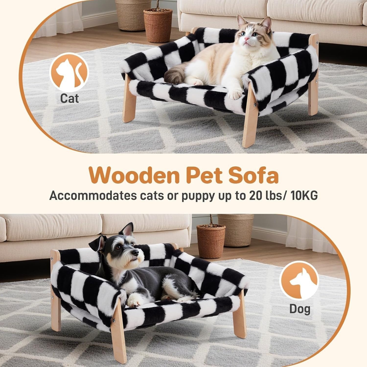 Wooden Cat Sofa Bed Plush Velvet Pet Couch Washable Cover Elevated
