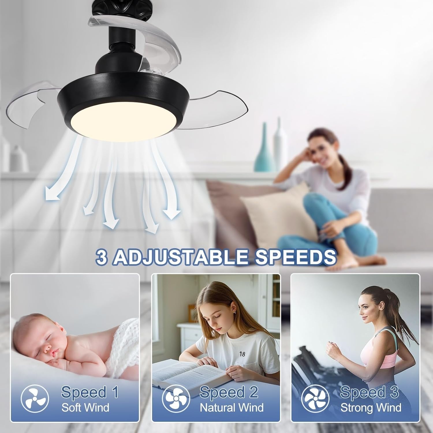 HARPER LIVING 30W Ceiling Fan with Lights, Retractable Blades, Remote