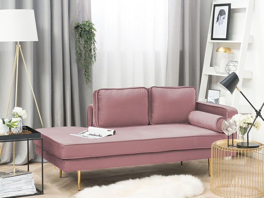 Modern Pink Velvet Chaise Lounge Gold Metal Legs Compact Stylish Seating
