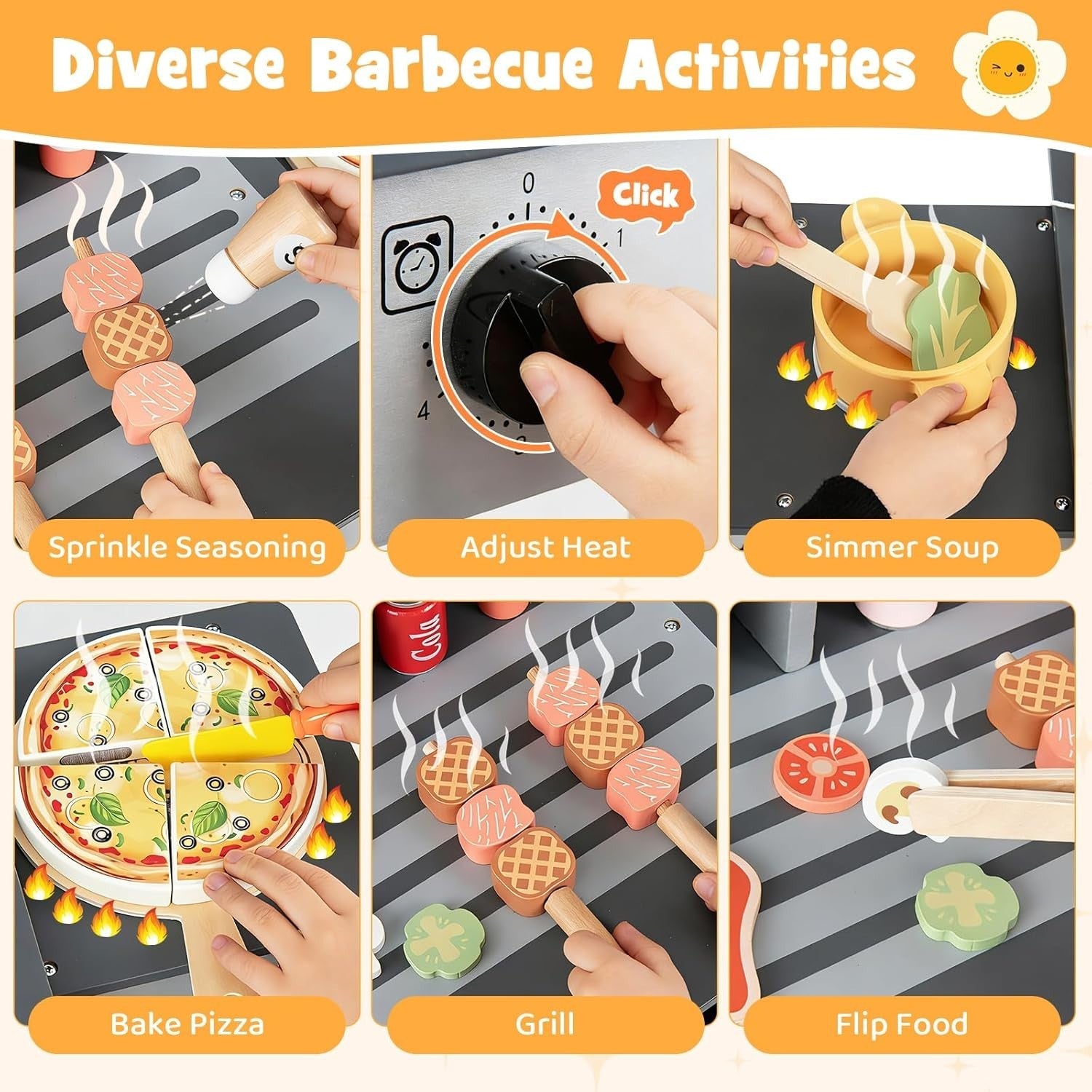 Kids Wooden BBQ Grill Playset Pretend Barbecue Toy Kitchen Set