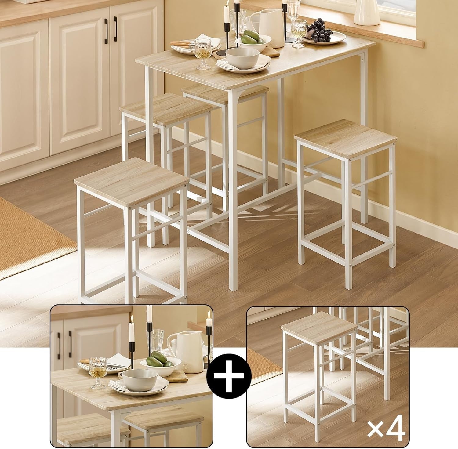 5-Piece Breakfast Bar Table Set with 4 Stools, Space Saving Dining White Natural