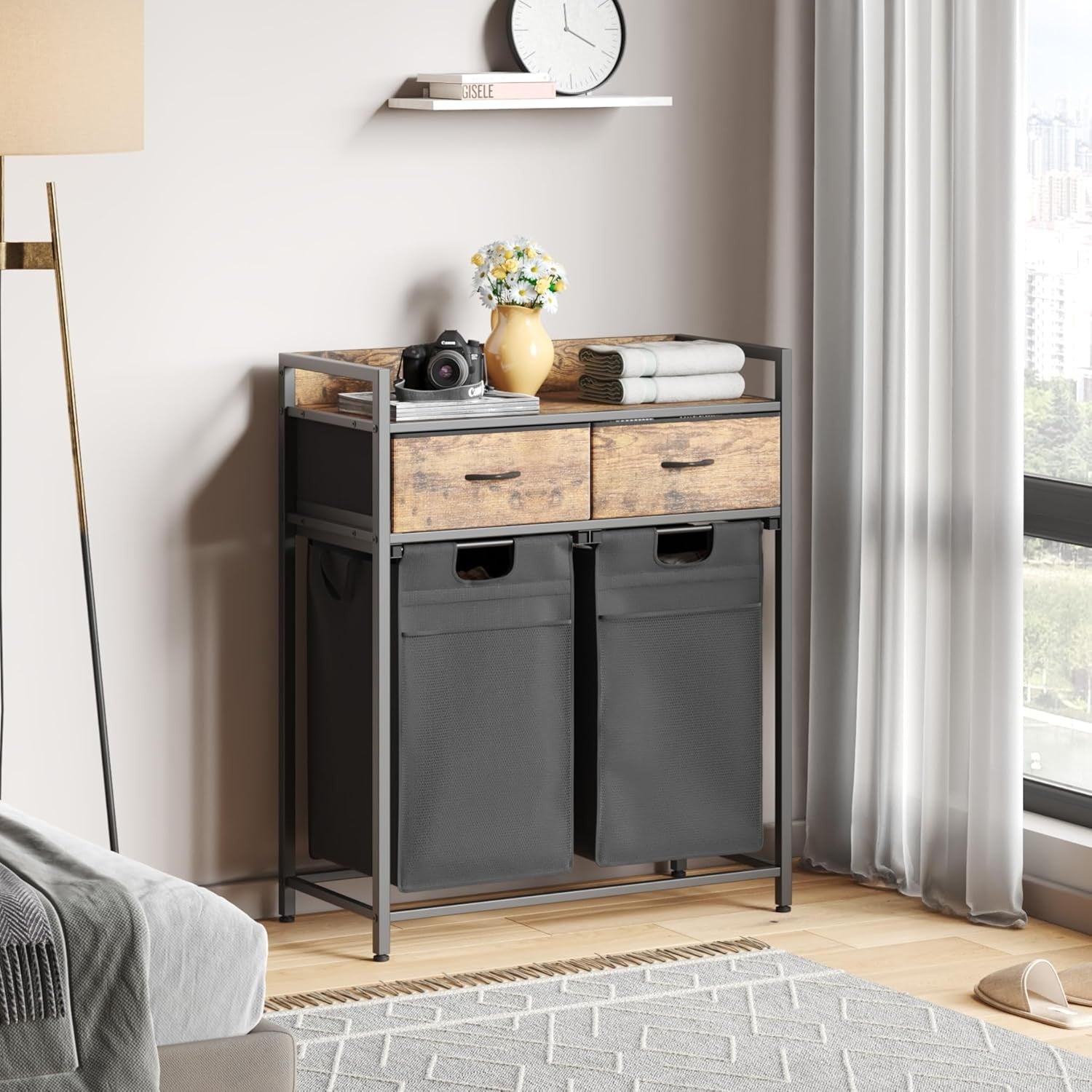 2 Section Laundry Hamper with Drawers 100L Sorter Wheels Rustic Brown Black