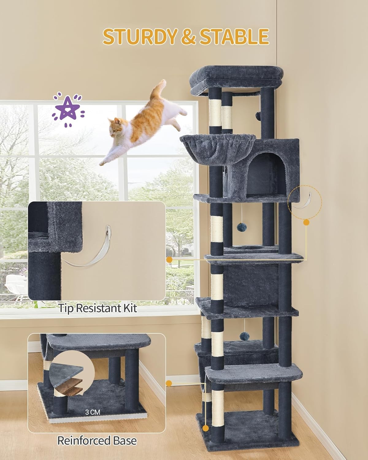210cm Tall Cat Tree Tower Multi-Level Scratching Posts Condos Large Cats