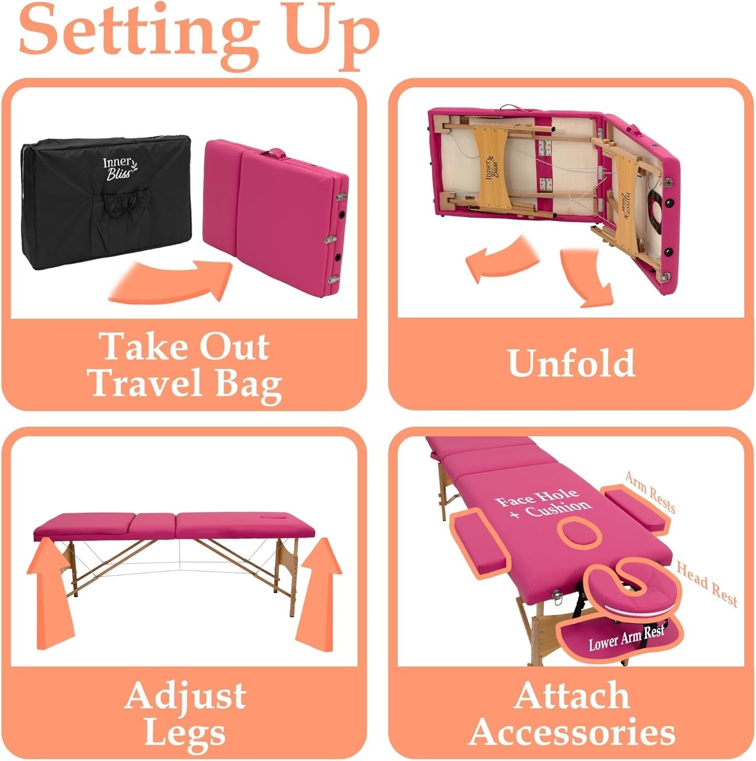 Portable Massage Table 2-Section Folding Therapy Bed w/ Face Cradle Dark Pink
