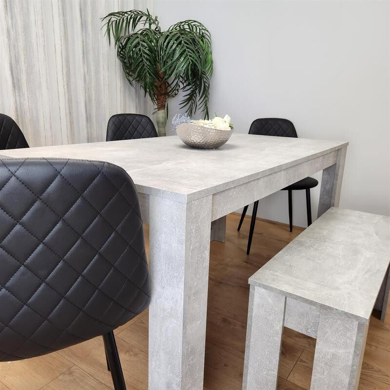 6 Seater Dining Table Set with Bench Grey Stone Effect Wood & Black Chairs