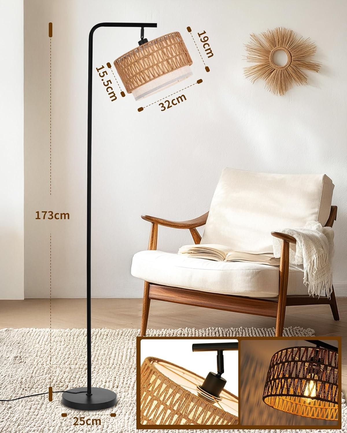 Rattan Floor Lamp with Fabric Shade & Foot Switch, 173cm Tall