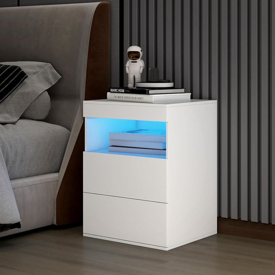 Modern White LED Bedside Table with Drawers & Charging Station Nightstand
