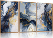 Blue Abstract Framed Canvas Wall Art Set 3 Modern Gold Navy Decor 16x24