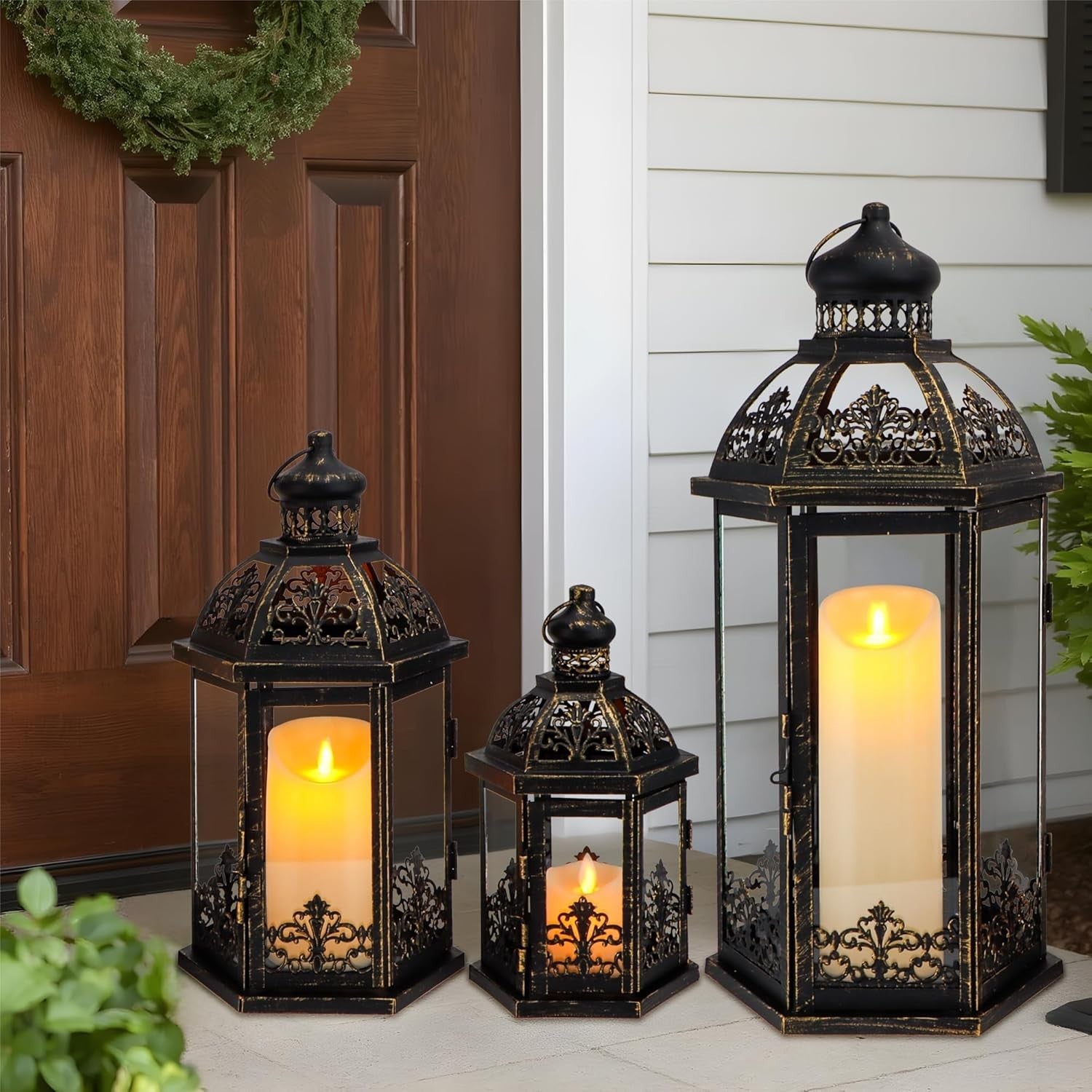 3-Pack Vintage Black Gold Metal Candle Lanterns