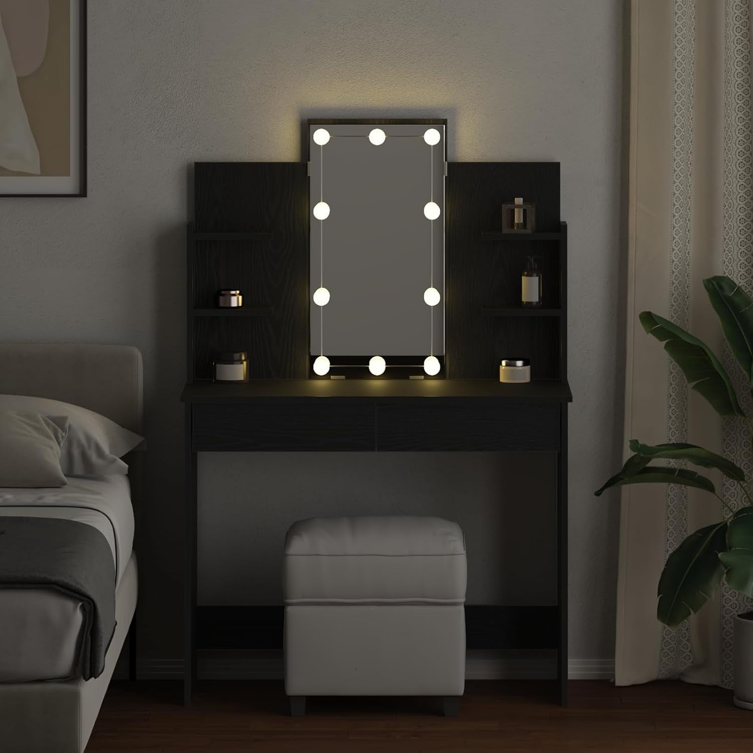 Contemporary Vanity Dresser 6 Drawer LED Mirror Black Oak Makeup Table
