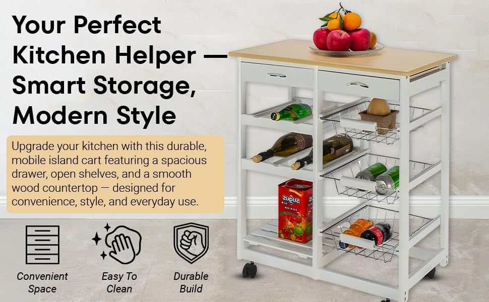Kitchen Trolley on Wheels with Drawers Basket Storage Lockable White Island
