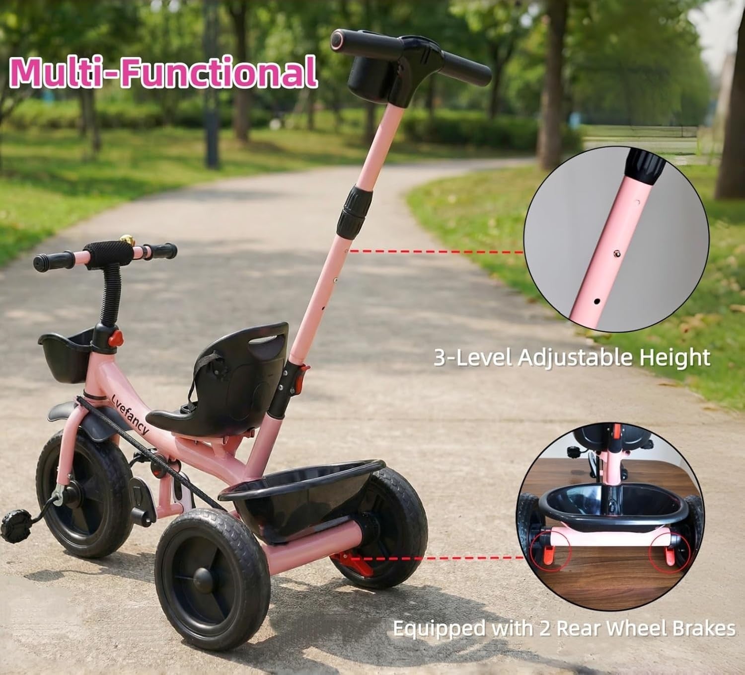 Kids Tricycle 2 In 1 Push Trike Parent Handle Adjustable Seat Basket Pink