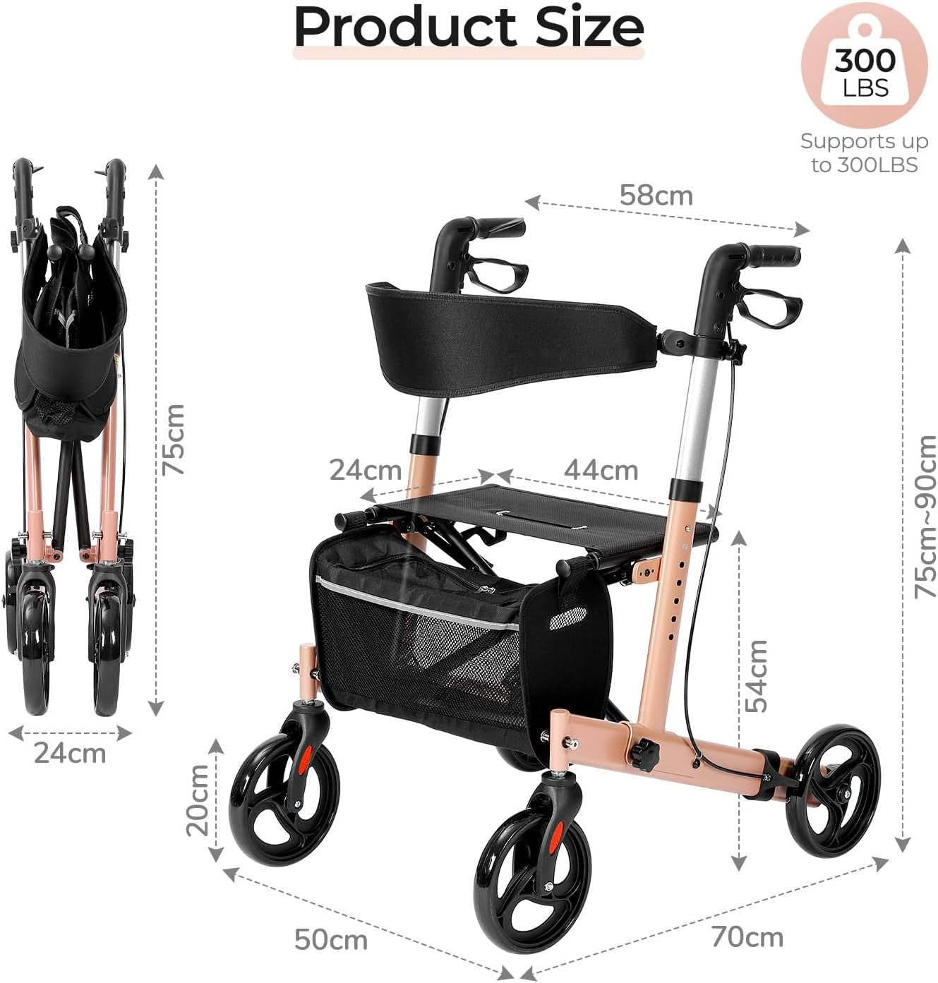 Lightweight Folding Rollator Walker 4 Wheel Seat Bag 300lb Pink