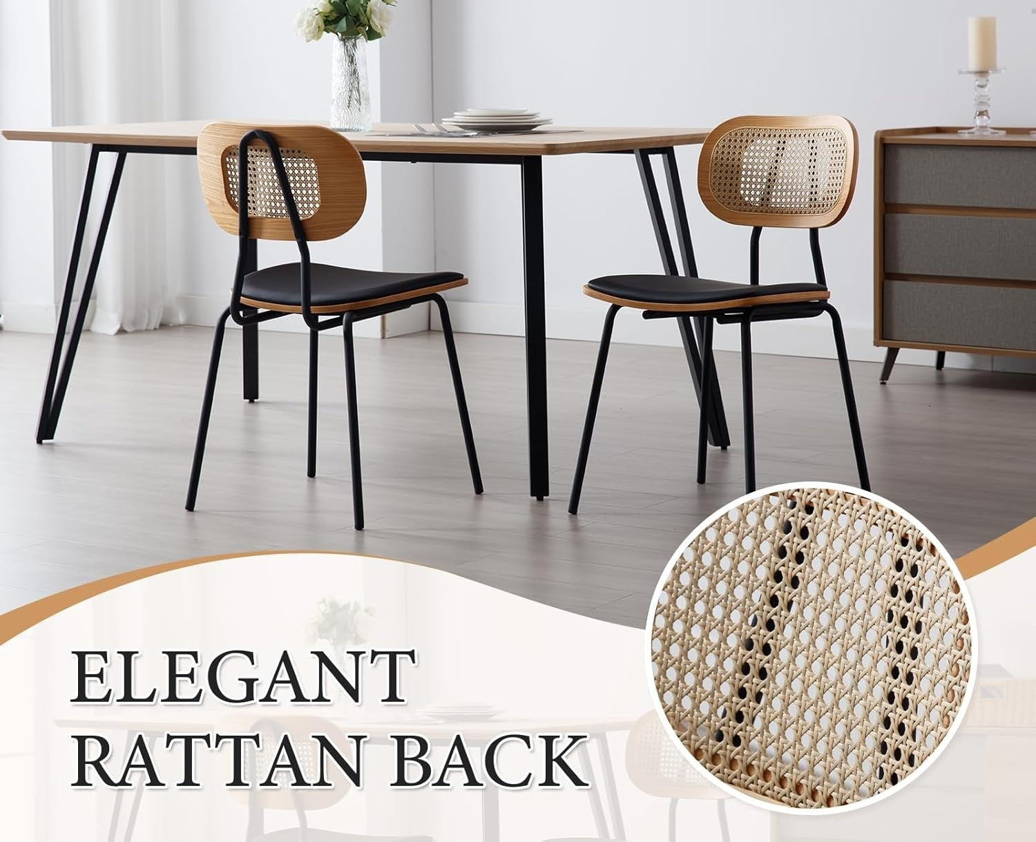 Rattan Dining Chairs Set of 2 Black Metal Legs Modern Kitchen Dining Seats
