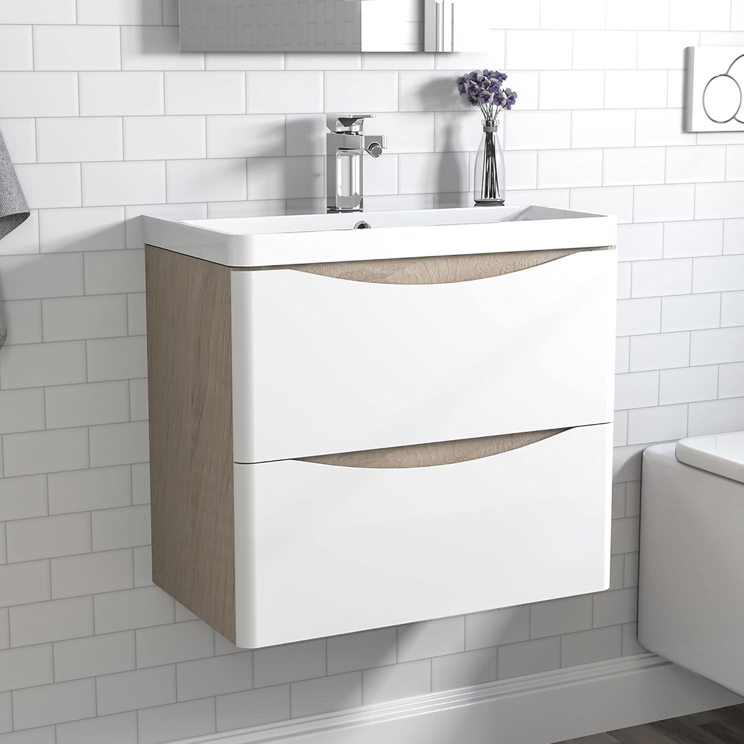 600mm Oak White Wall Hung Bathroom Vanity Unit with Basin 2 Drawer Sink Cabinet