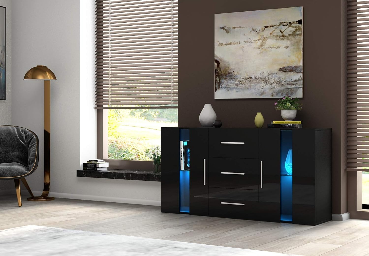 Modern Black RGB Sideboard Cabinet 2 Doors 3 Drawers LED Lighting Storage
