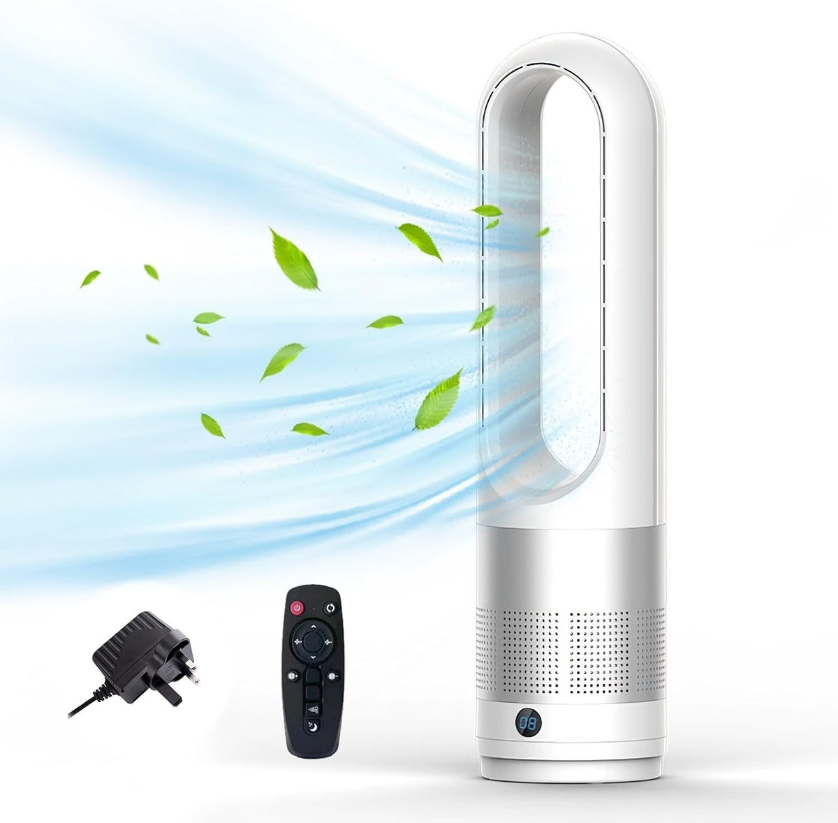 56cm Tower Fan Silver Bladeless Cooling Fan w/ Remote – 8H Timer & Air Purifier