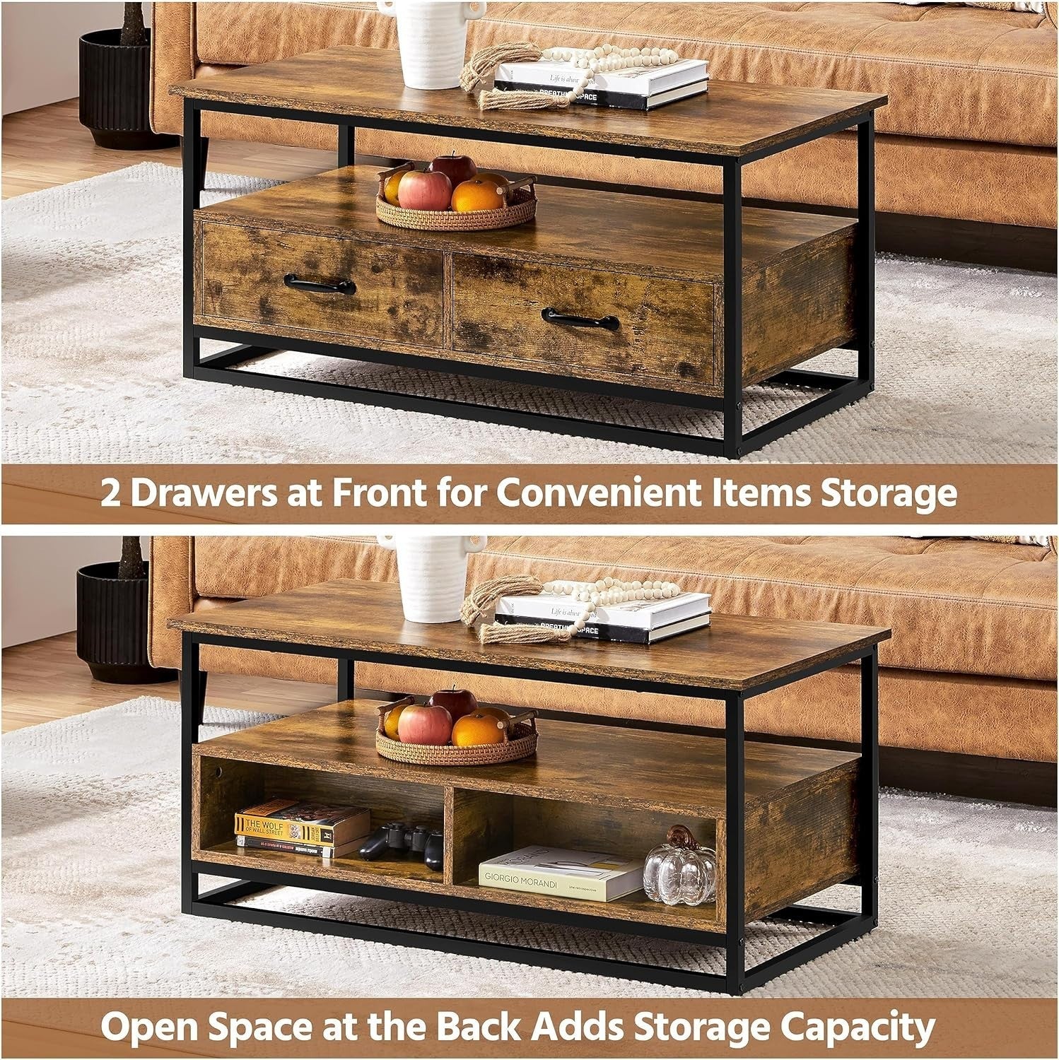 Industrial Coffee Table with Storage Drawers, Rustic Wood, Metal Frame 100cm