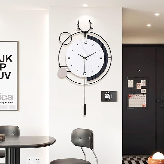 Modern Large Pendulum Wall Clock 25in Silent Quartz Metal Deer Design Home