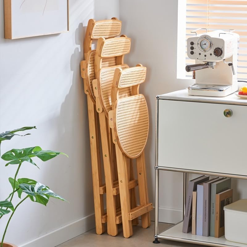 Folding Wooden Rattan Dining Chair Compact Breakfast Stool with Backrest