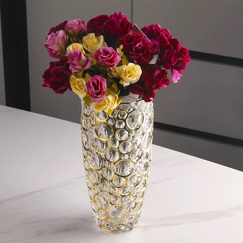 Large Crystal Glass Flower Vase 11.8in Hand Painted Gold Modern Home Décor