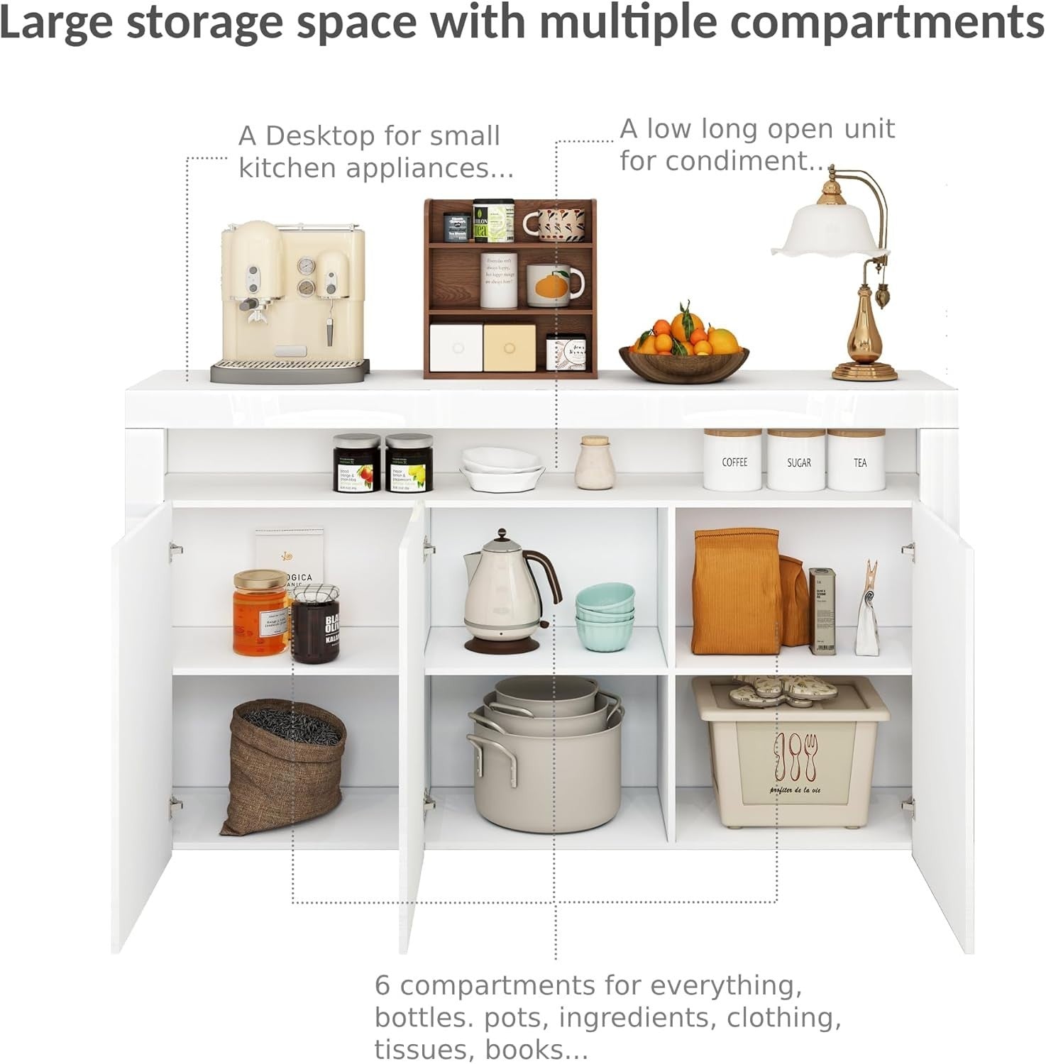 Modern LED Sideboard Cabinet 3 Doors + Open Shelf Storage White 152cm