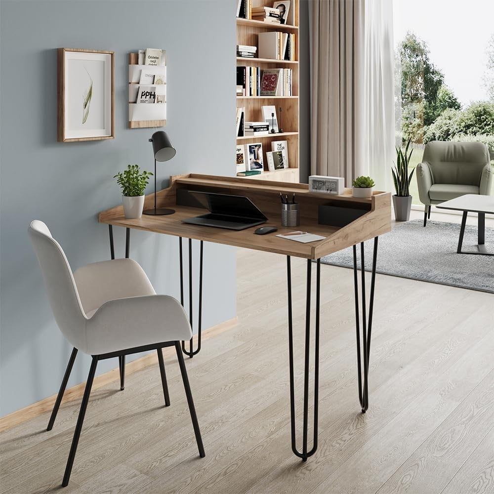 Oak & Black Office Desk with Drawers, 110 x 60 cm Modern Study Table