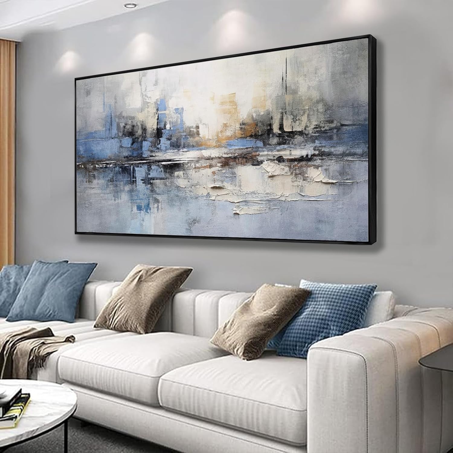 Blue Gray Abstract Canvas Wall Art Framed 20x40 in Modern Decor