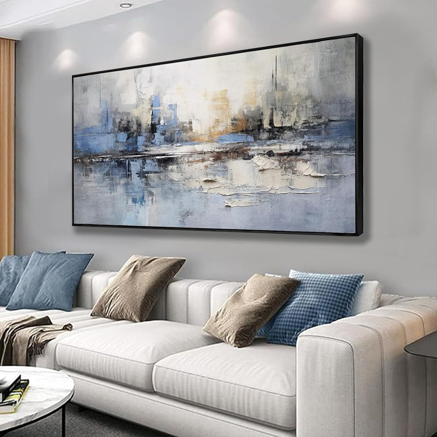 Blue Gray Abstract Canvas Wall Art Framed 20x40 in Modern Decor