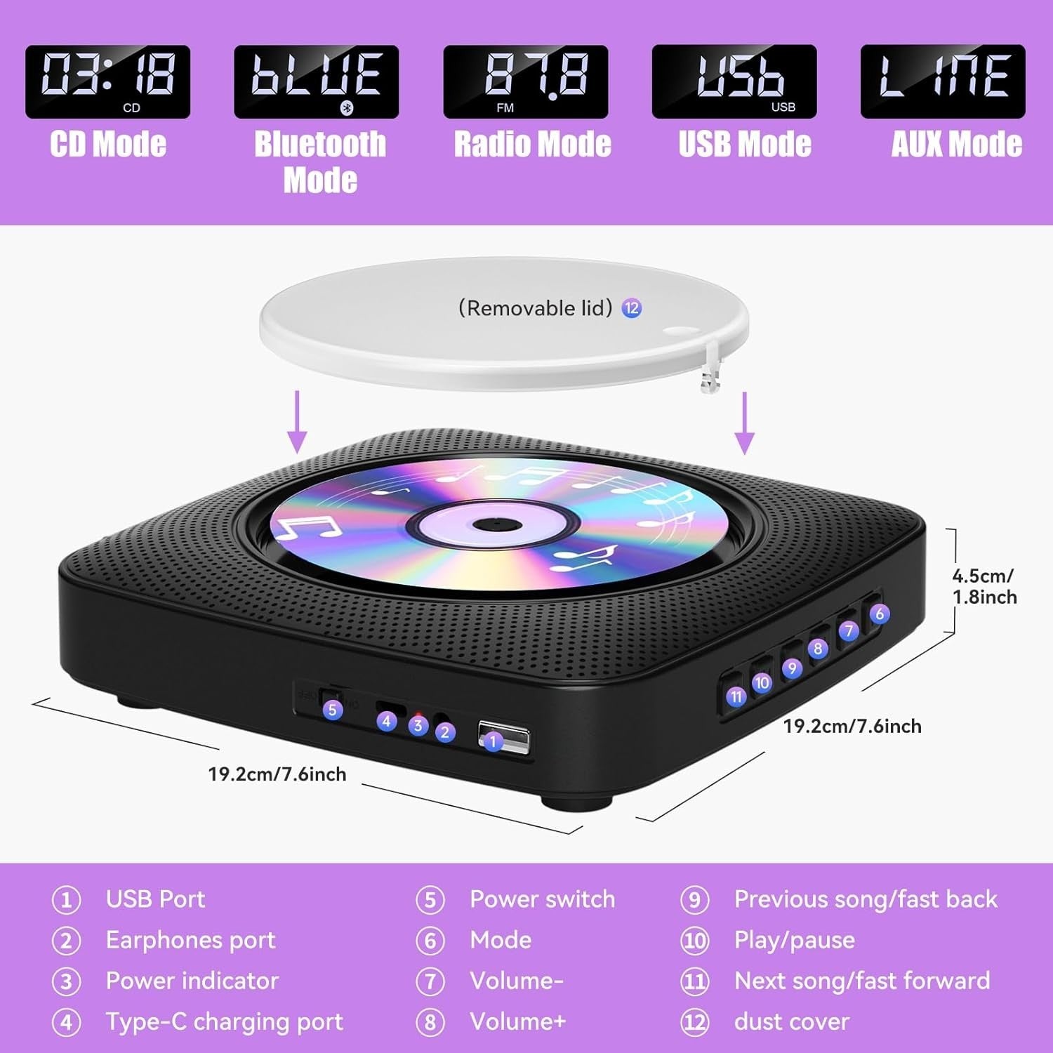 Desktop CD Player Bluetooth Speakers FM Radio USB AUX Remote LCD Black