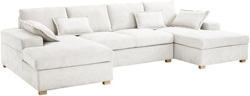 Large Cream Jumbo Cord U-Shape Sofa | Deep Seat, 5-Seater + Footstool