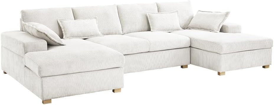 Large Cream Jumbo Cord U-Shape Sofa | Deep Seat, 5-Seater + Footstool