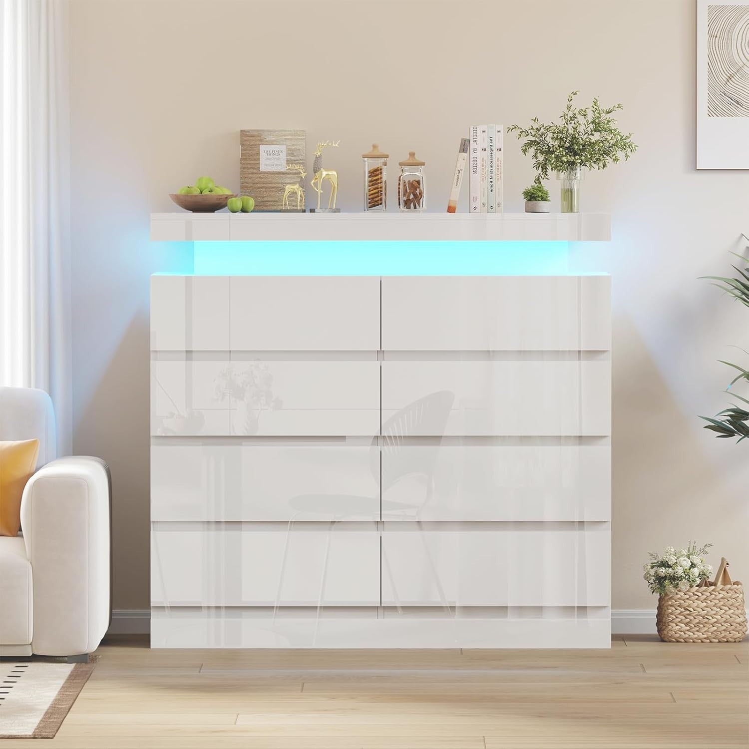 White Gloss Chest 8 Drawers with RGB LED Lights Storage Cabinet Modern