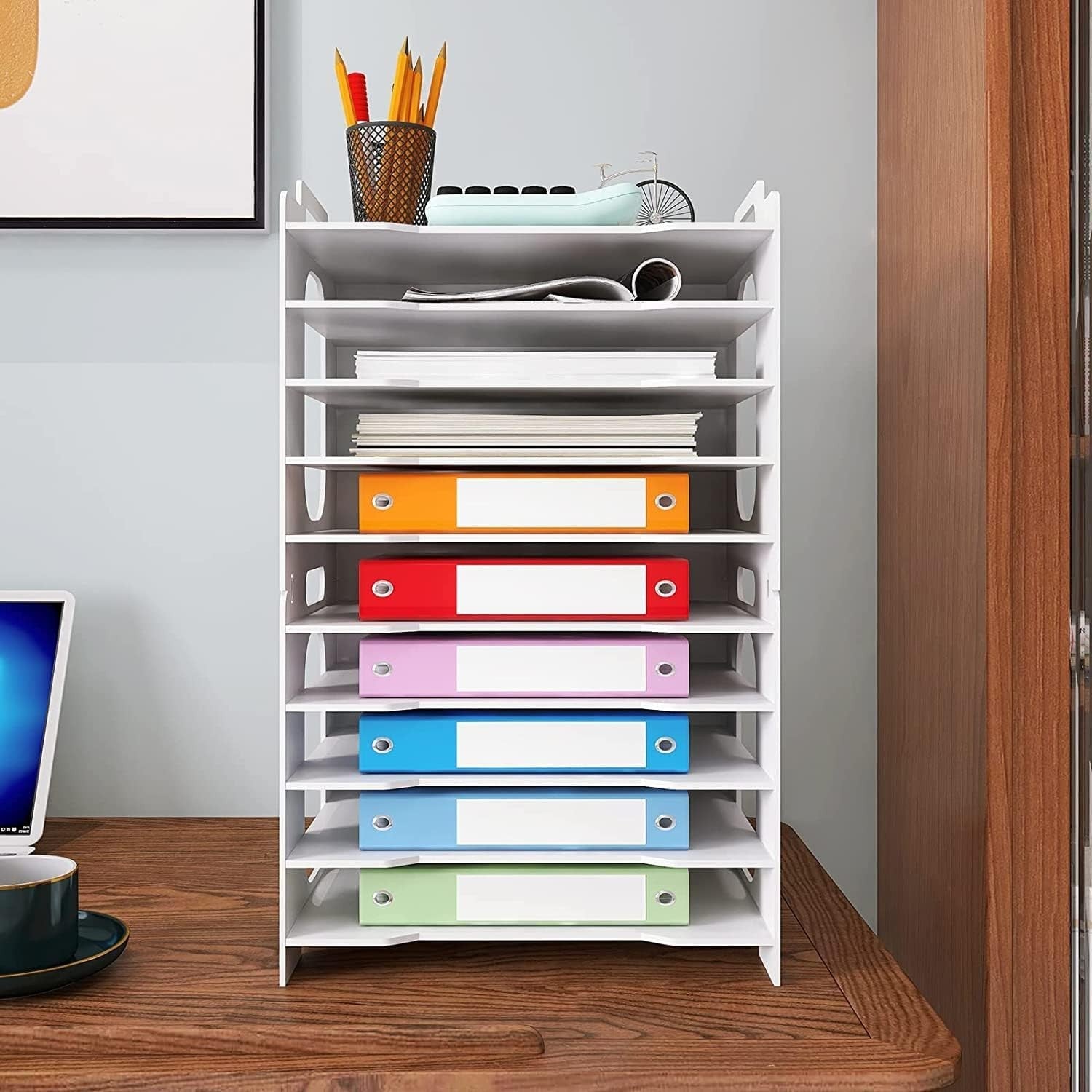 10-Tier A4 Desk Paper Tray Organizer | Desktop Filing Rack White