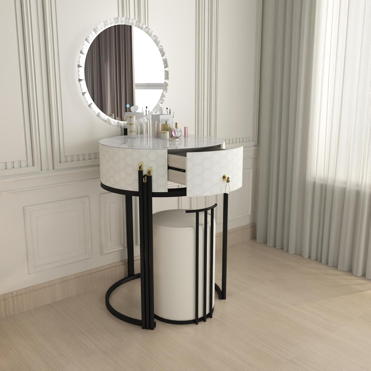 White Modern Dressing Table Vanity Set High Gloss Finish Mirror & Stool