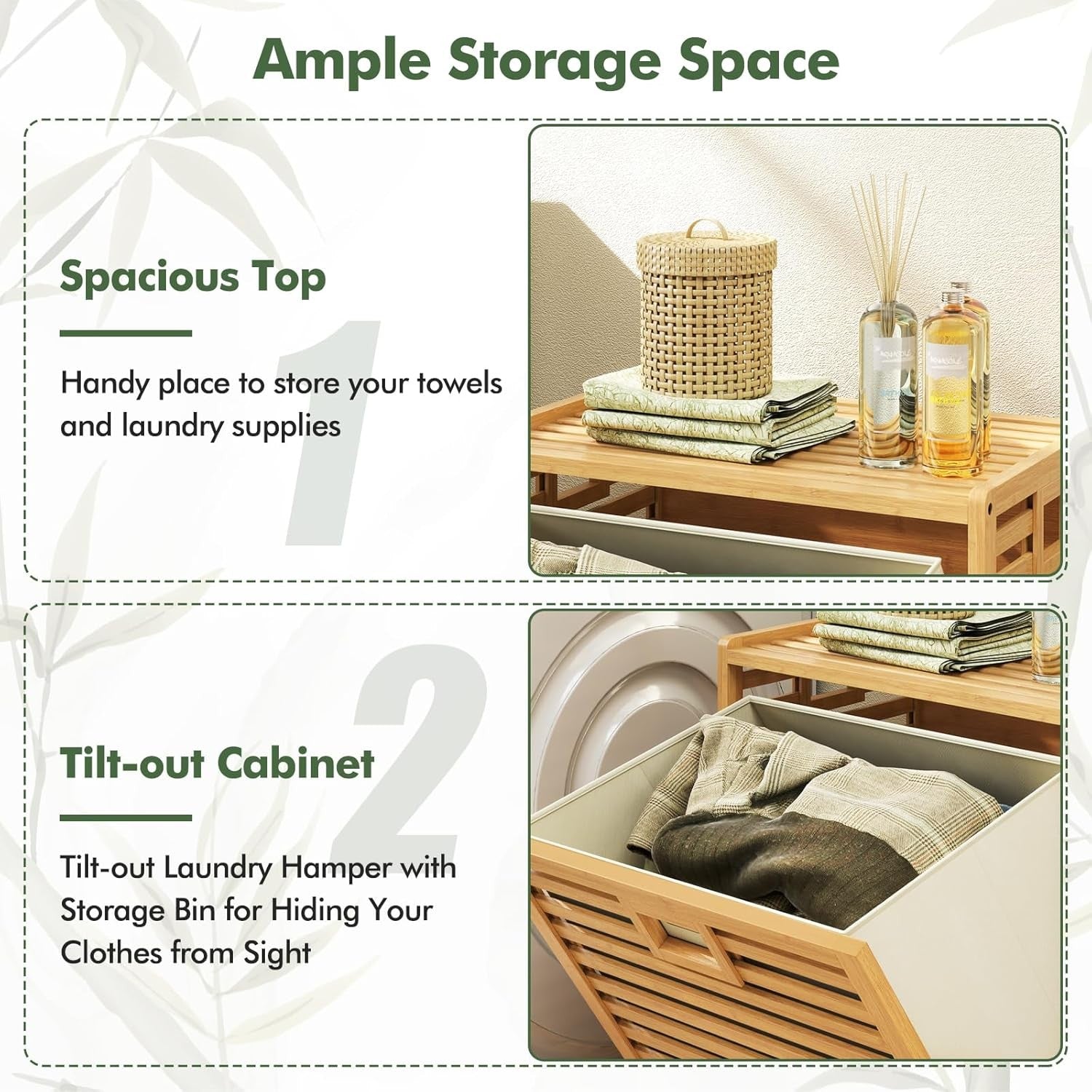 Bamboo Laundry Basket Cabinet Tilt Out Hamper with Liner Bag Natural