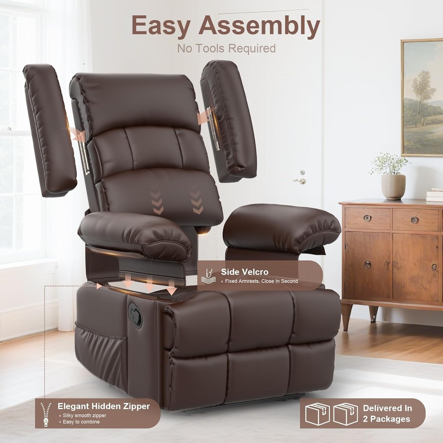 Manual Recliner Chair Massage Heat 135° Recline Footrest Dual Pockets Brown